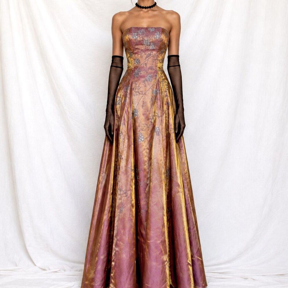Vintage Y2K Metallic Pink Floral Beaded Flared Strapless Maxi Prom Dress Size XS